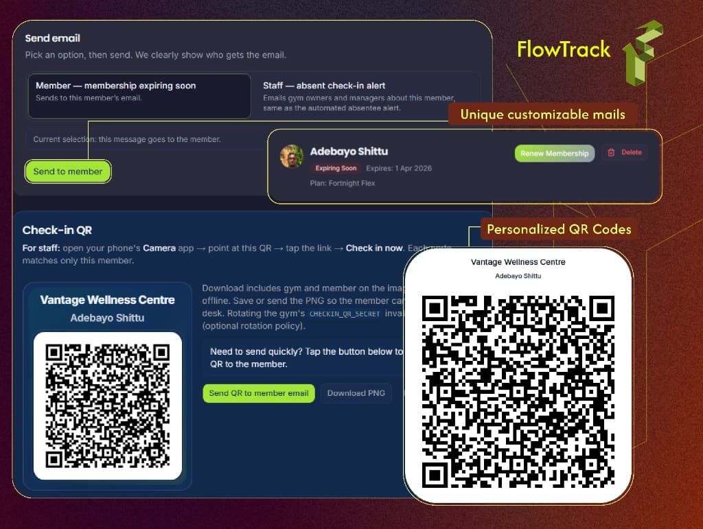 Flow Track product UI: email automations for expiring memberships and personalized member check-in QR codes
