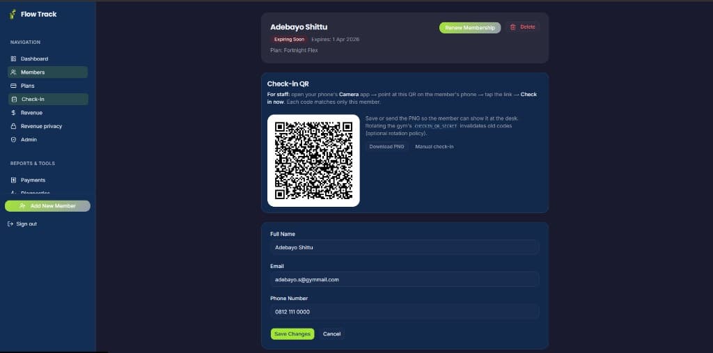 Flow Track check-in: member QR code, staff instructions, renew membership, and contactless gym entry
